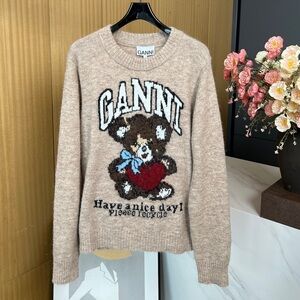Ganni Beige Sweater with Bear and Heart Motif
